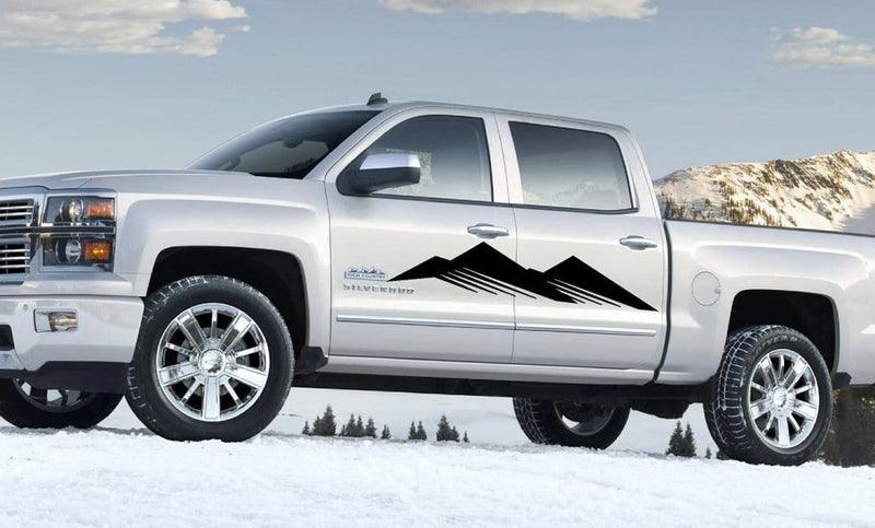 Mountain silhouette vinyl cut decal on Chevy pickup